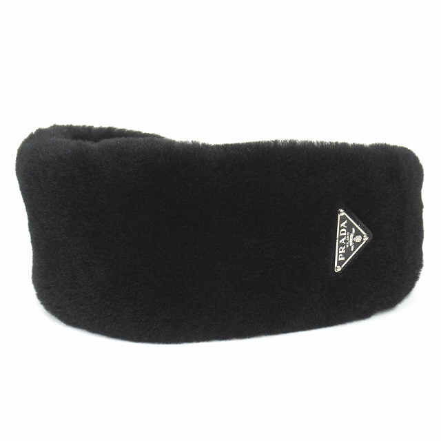 【中古】美品 プラダ PRADA ファー ヘッドバンド ヘアバンド カチューシャ ヘアアクセサリー トライアングルロゴ