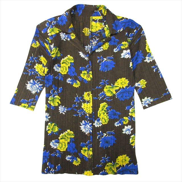 【中古】97ss プリーツプリーズ PLEATS PLEASE オープンカラー シャツ ブラウス カットソー 五分丈 花柄 フラワー