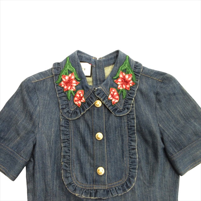 中古】グッチ GUCCI フラワー エンブロイダリー デニム ワンピース