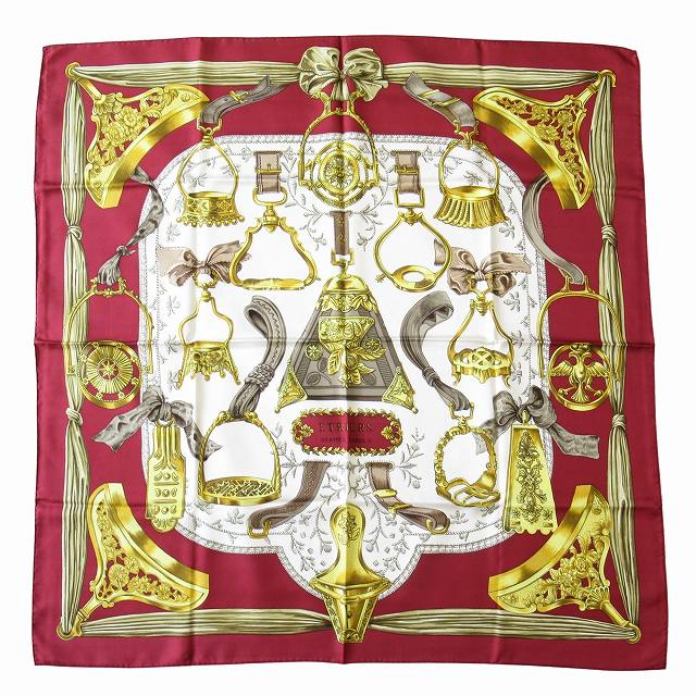 【中古】美品 エルメス HERMES カレ90 "ETRIERS" エトリエ 大判 シルク スカーフ ボルドー系/マルチ