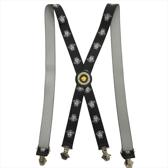 【中古】美品 ヴェルサーチ ヴェルサーチェ VERSACE メデューサ サスペンダー クリップ式 総柄 黒 ブラック メンズ レディース◆９