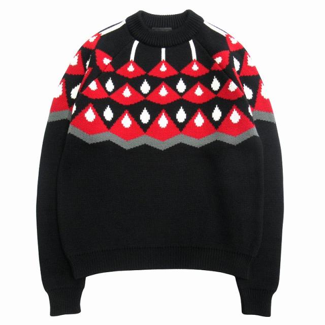 【中古】美品 20aw プラダ PRADA ジャガード ニット セーター 総柄 バージンウール 46 黒 白 赤 グレー メンズ