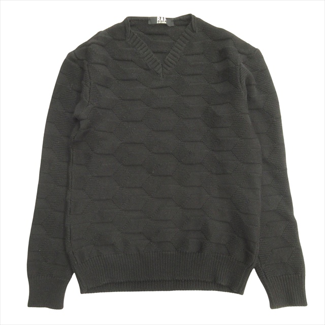 【中古】美品 ラフ バイ ラフシモンズ RAF BY RAF SIMONS Vネック ニット セーター 幾何学 模様編み ウール 総柄 M 黒