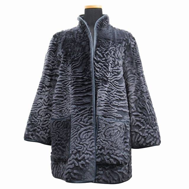 【中古】リアルファー 毛皮 コート ジャケット ブルゾン レザーパイピング スタンドカラー 紺 ネイビー レディース