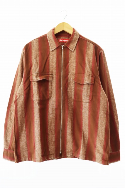 【中古】シュプリーム SUPREME ストライプ フランネル ジップ アップ 長袖シャツ S 茶 ブラウン ☆AA★ 250112 の通販は