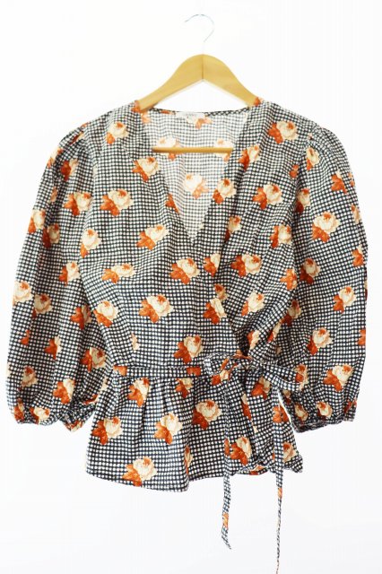 【中古】ガニー GANNI 花がら チェック パフスリーブ ブラウス 40 黒 ブラック ● 250111の通販は