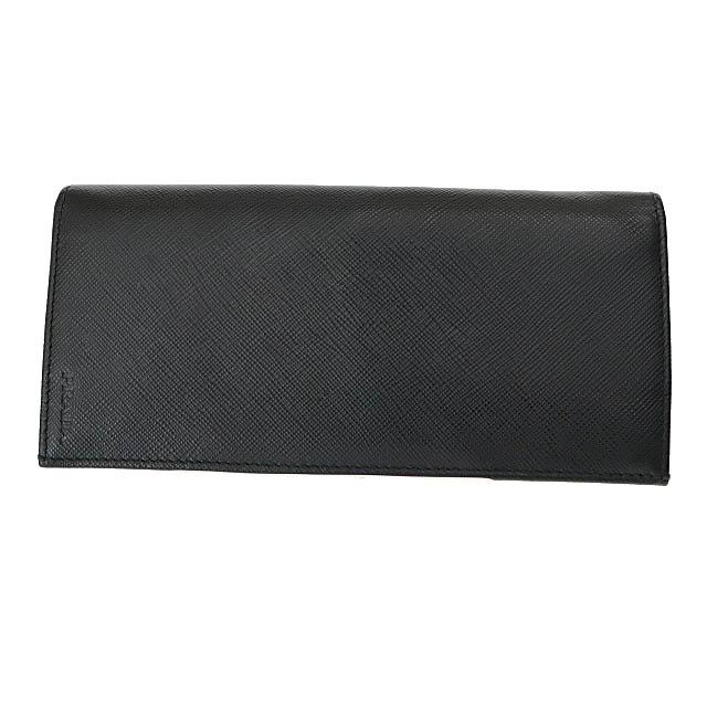 【中古】プラダ PRADA ロゴ刻印 サフィアーノ レザー 二つ折り 長財布 黒 ブラック ☆AA★▲250319 メンズ