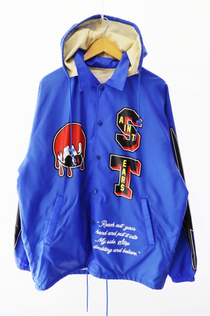 【中古】セントマイケル SAINTMICHAEL 22AW ロゴ プリント ナイロン コーチ ジャケット SM-A22-0000-055 M 青 ブルー