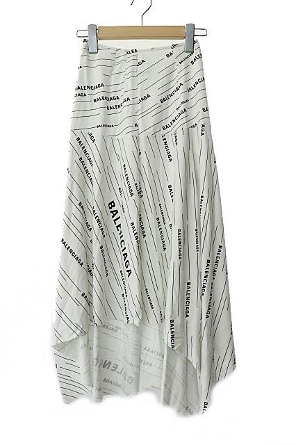 【中古】バレンシアガ BALENCIAGA 19SS 総柄 ロゴ プリント アシンメトリー フレア ロング スカート 白☆AA★250925