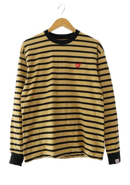 【中古】ヒューマンメイド HUMAN MADE STRIPED L/S T-SHIRT ロゴ ハート刺繍 ボーダー 長袖Tシャツ S ベージュ 251002