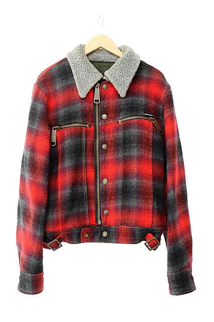 【中古】ドルチェ&ガッバーナ ドルガバ ロゴプレート 襟ボア チェック柄 ウール ライダース ジャケット  L赤●251031