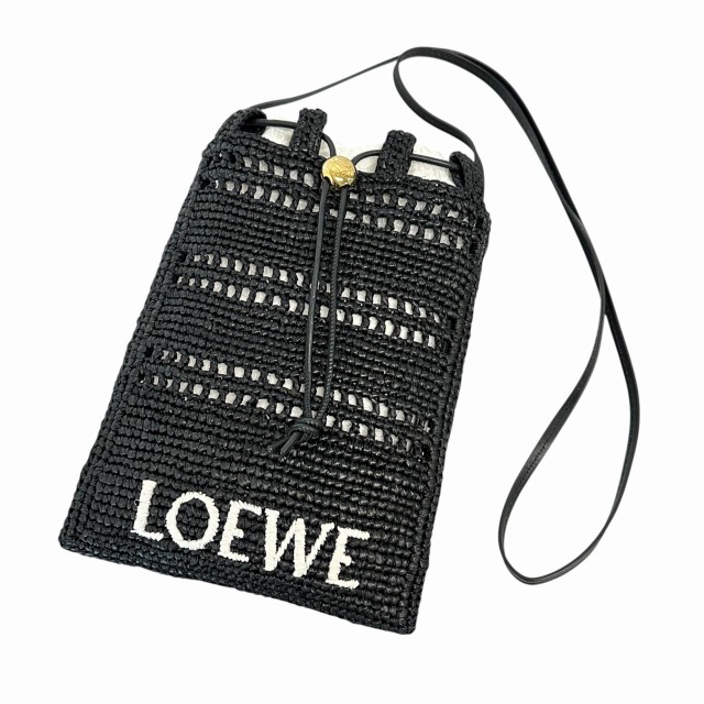 【中古】ロエベ LOEWE ドローストリング ポケット ラフィア ショルダー バッグ C756PHPX05 黒 ブラック☆AA★▲■