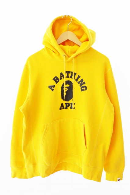 【中古】アベイシングエイプ A BATHING APE カレッジロゴ プルオーバー パーカー XL イエロー●