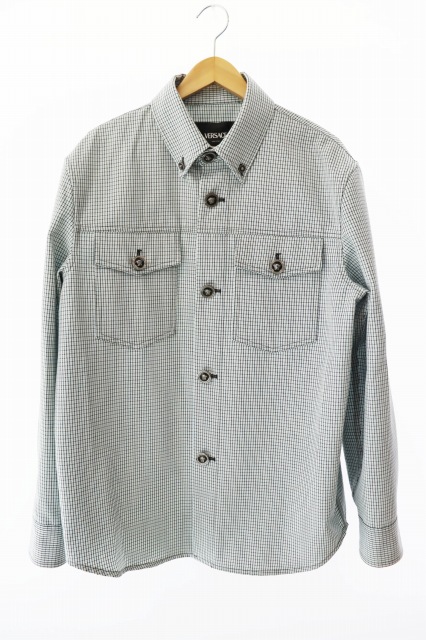 【中古】ヴェルサーチ ヴェルサーチェ VERSACE ダブルポケット チェック柄 シャツ ジャケット 46 ライトブルー●