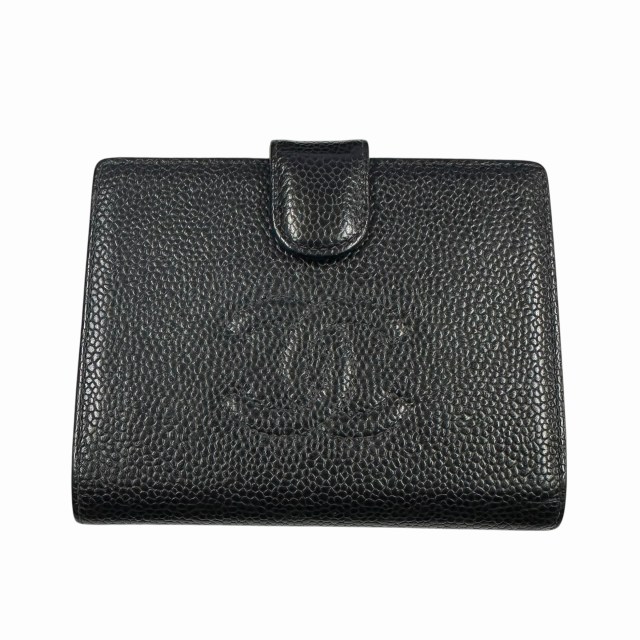 【中古】シャネル CHANEL キャビアスキン ココマーク ウォレット 二つ折り財布 黒 ブラック▲■