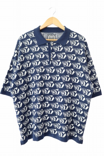【中古】ウェイステッドユース Wasted youth KNIT POLO 総柄 半袖 ニット ポロ シャツ L 青 ブルー 251130 メンズ
