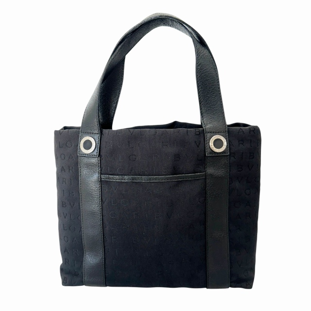 【中古】ブルガリ BVLGARI ロゴマニア 総柄 レザー キャンバス トート ハンド バッグ 黒 ブラック●▲
