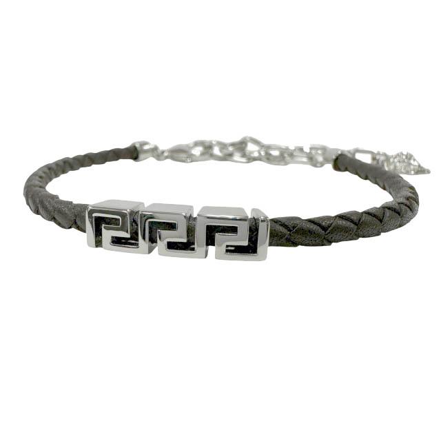 【中古】ヴェルサーチ ヴェルサーチェ VERSACE メデューサ グレカ レザー ブレスレット ブラウン シルバー ▲■260509