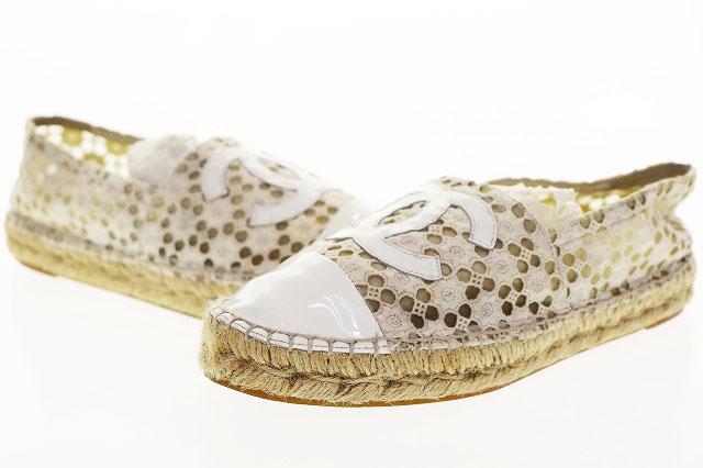 【中古】シャネル CHANEL ESPADRILLE SHOES WHITE SIZE 37 エスパドリーユ レース スリッポン ☆AA★●▲■260516