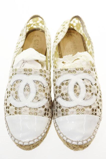 【中古】シャネル CHANEL ESPADRILLE SHOES WHITE SIZE 37 エスパドリーユ レース スリッポン ☆AA★●▲■260516_1