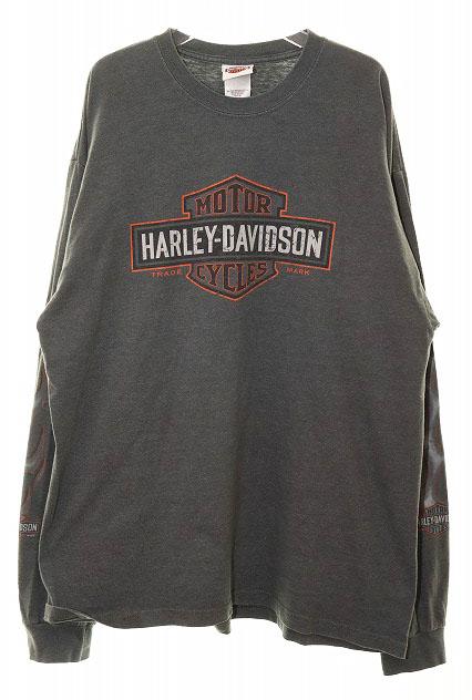 【中古】ハーレーダビッドソン HARLEY DAVIDSON 星条旗 LOGO LONG TEE GREEN ロゴ ロンT グリーン USA製 ファイヤー