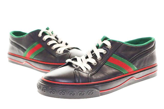 【中古】グッチ GUCCI TENNIS 1977 LEATHER BLACK 27.5cm レザー スニーカー シェリーライン 黒●▲260219 メンズ