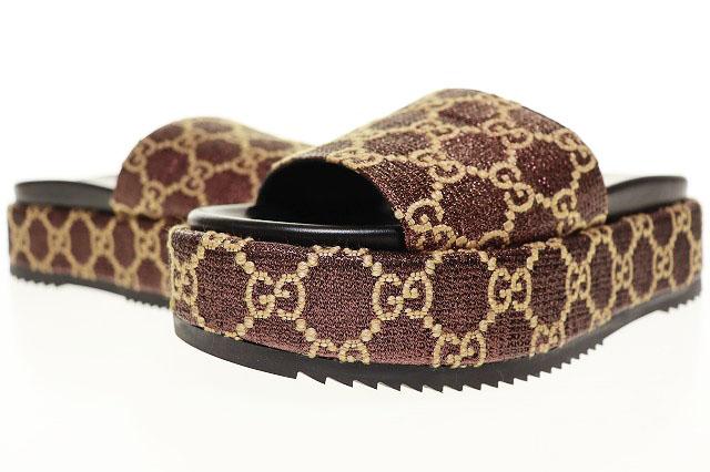 【中古】グッチ GUCCI 20SS GG柄 プラットフォーム スライドサンダル ラメ サイズ38 ブラウン ☆AA★●▲■260124