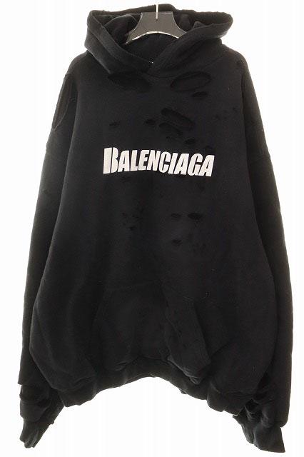 【中古】バレンシアガ BALENCIAGA 21SS CAPS DESTROYED HOODIE BLACK L デストロイ フーディ☆AA★251220