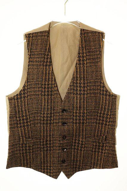 【中古】ラルディーニ LARDINI ウール ベスト サイズ48 イタリア製 千鳥格子 異素材切替 チェック ブラウン ●260209