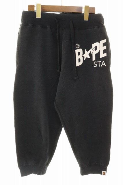【中古】アベイシングエイプ A BATHING APE BAPE ロゴ クロップドパンツ スウェットパンツ Mサイズ ブラック ●260502