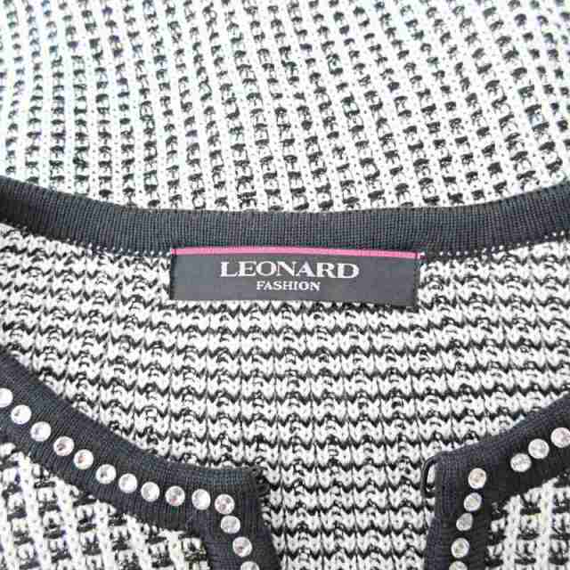 【中古】レオナール LEONARD ノーカラージャケット ブレザー ツイード ニット ラインストーン 42 白 黒 1001