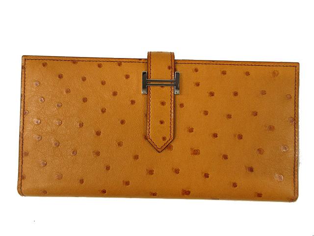 【中古】エルメス HERMES BEARN ベアン オーストリッチレザー 長財布 2つ折り C刻印 ロングウォレット ブラウン 本革の通販は