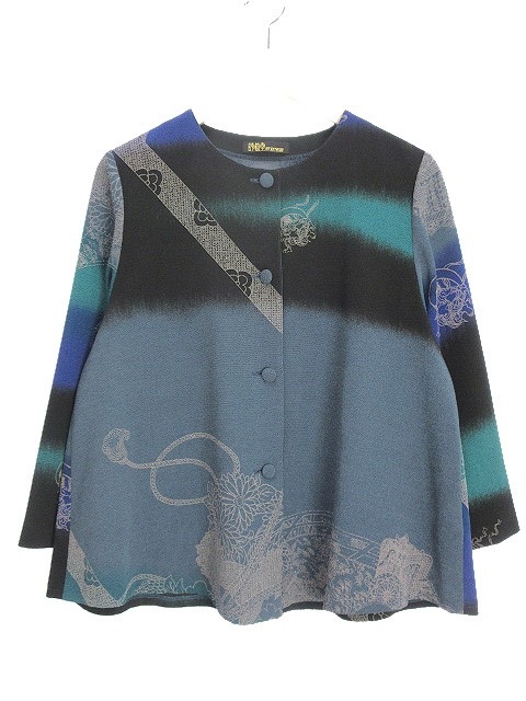 【中古】 詩仙堂 ゴールドレーベル ちりめん グラデーション ジャケット 縮緬 プリント 風神 雷神 和柄 ブルー系の通販は 5,330円