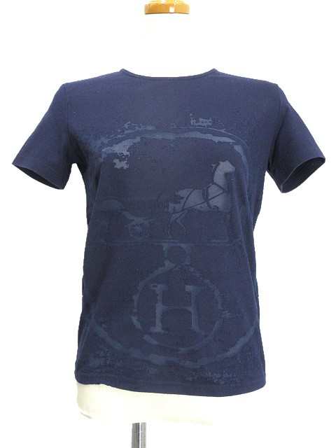 【中古】エルメス HERMES カットソー Tシャツ 38 ネイビー 紺 オパール 透かし 半袖 トップス コットン 綿 レディース