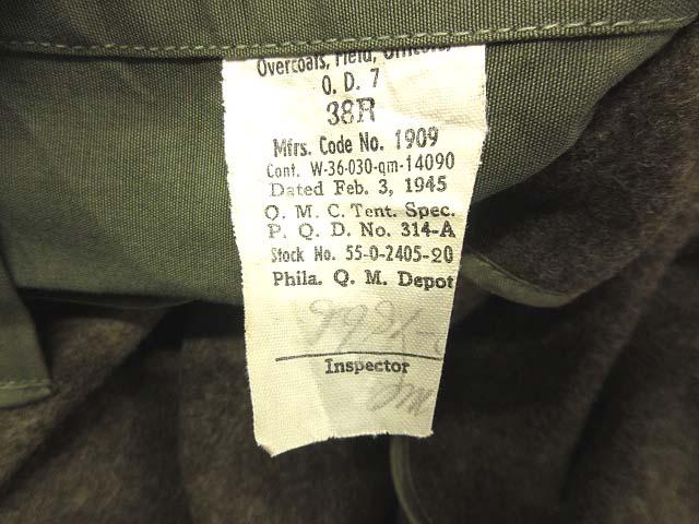 【中古】ヴィンテージ VINTAGE U.S.ARMY M-1945 40s オーバーコート トレンチコート ライナー付 将校用 オリーブ 38R メンズ