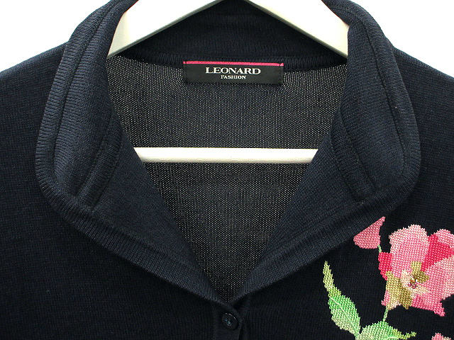 【中古】レオナール LEONARD ニット ジャケット カーディガン シルク コットン 40 ネイビー フラワー ジャガード_2