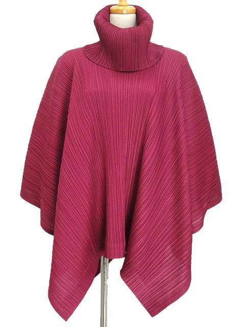 【中古】プリーツプリーズ PLEATS PLEASE タートルネック ポンチョ ケープ トップス 3 ワインレッド 赤紫
