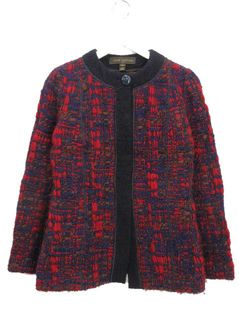【中古】ルイヴィトン LOUIS VUITTON ニット ツイード ノーカラー コート ジャケット 36 レッド 赤 ネイビー 紺