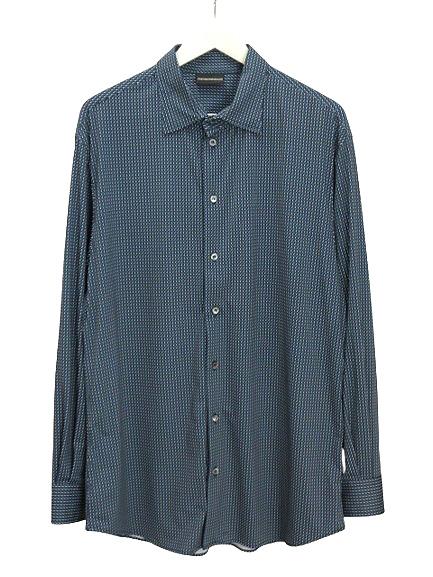 【中古】エンポリオアルマーニ EMPORIO ARMANI 2024年 総柄 長袖 ボタンシャツ L ネイビー ストレッチ素材