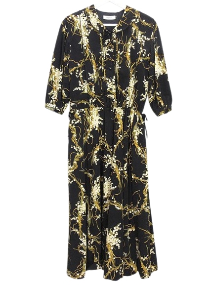 【中古】インゲボルグ INGEBORG すずらん ブーケ プリント ワンピース 黒 ブラック ベロアリボン ピコットレース