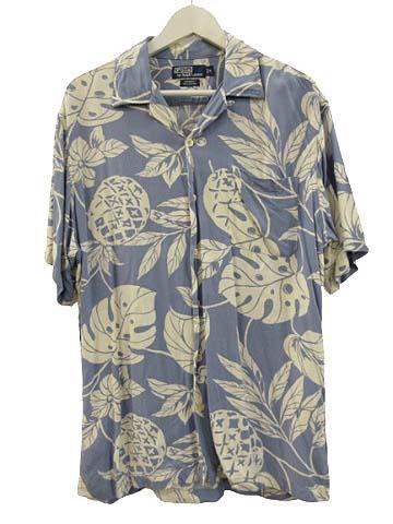 【中古】ポロ バイ ラルフローレン Polo by Ralph Lauren ADAMS レーヨン アロハシャツ リーフ柄 水色 M