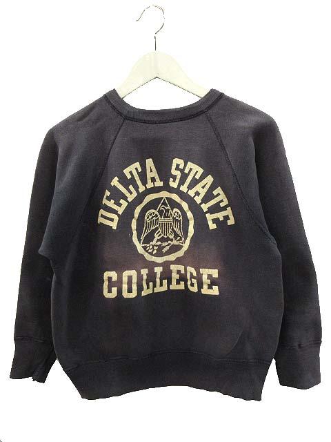 60s 茄子紺 フロッキー プリント カレッジ スウェット ラグラン