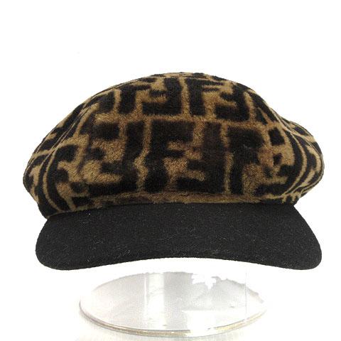 【中古】フェンディ FENDI シアリング ムートン キャスケット キャップ S 57.0cm ダブルF ズッカ ブラウン 茶 帽子