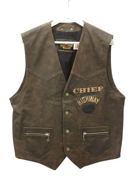 【中古】ハーレーダビッドソン HARLEY DAVIDSON レザー ベスト 刺繍 本革 L 茶色 ブラウン ジレ トップス メンズ