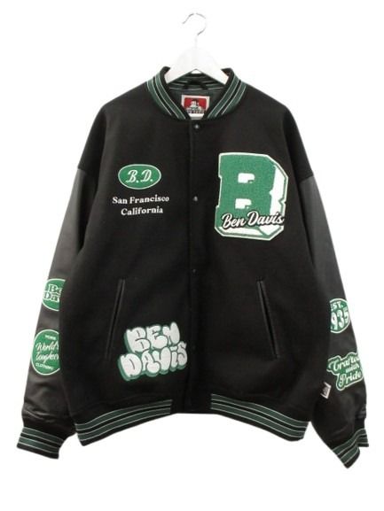 【中古】ベンデイビス BEN DAVIS ワッペン スタジャン スタジアムジャンパー XL ブラック 黒 レザー袖 革袖 牛革
