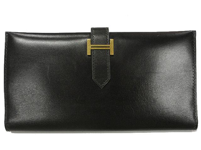 【中古】エルメス HERMES クラシック ベアン 長財布 ブラック 黒 ゴールド金具 ボックスカーフ □G刻印 ウォレット