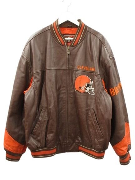 【中古】90s NFL クリーブランド ブラウンズ CLEVELAND BROWNS オールレザー スタジャン XL ブラウン オレンジ