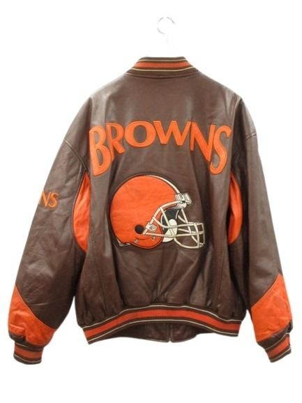 【中古】90s NFL クリーブランド ブラウンズ CLEVELAND BROWNS オールレザー スタジャン XL ブラウン オレンジ_1