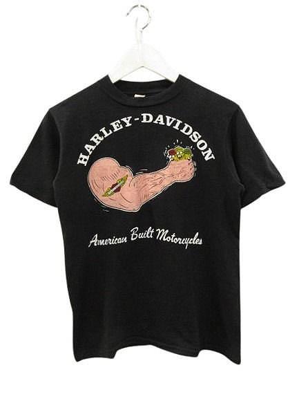 【中古】ハーレーダビッドソン 70s BIG ARM ビッグアーム 両面プリント Tシャツ S USA製 ブラック ヴィンテージ