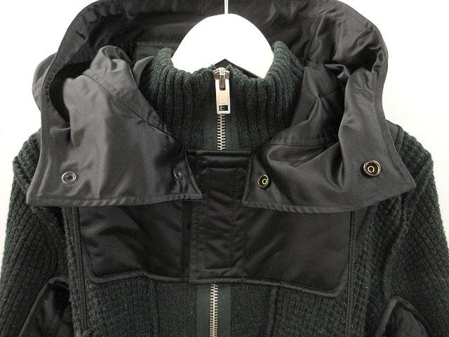 【中古】ディーゼル DIESEL ナイロン切替 異素材 ドッキング MA-1 S グリーン ウール ニット パーカー 長袖 トップス_2